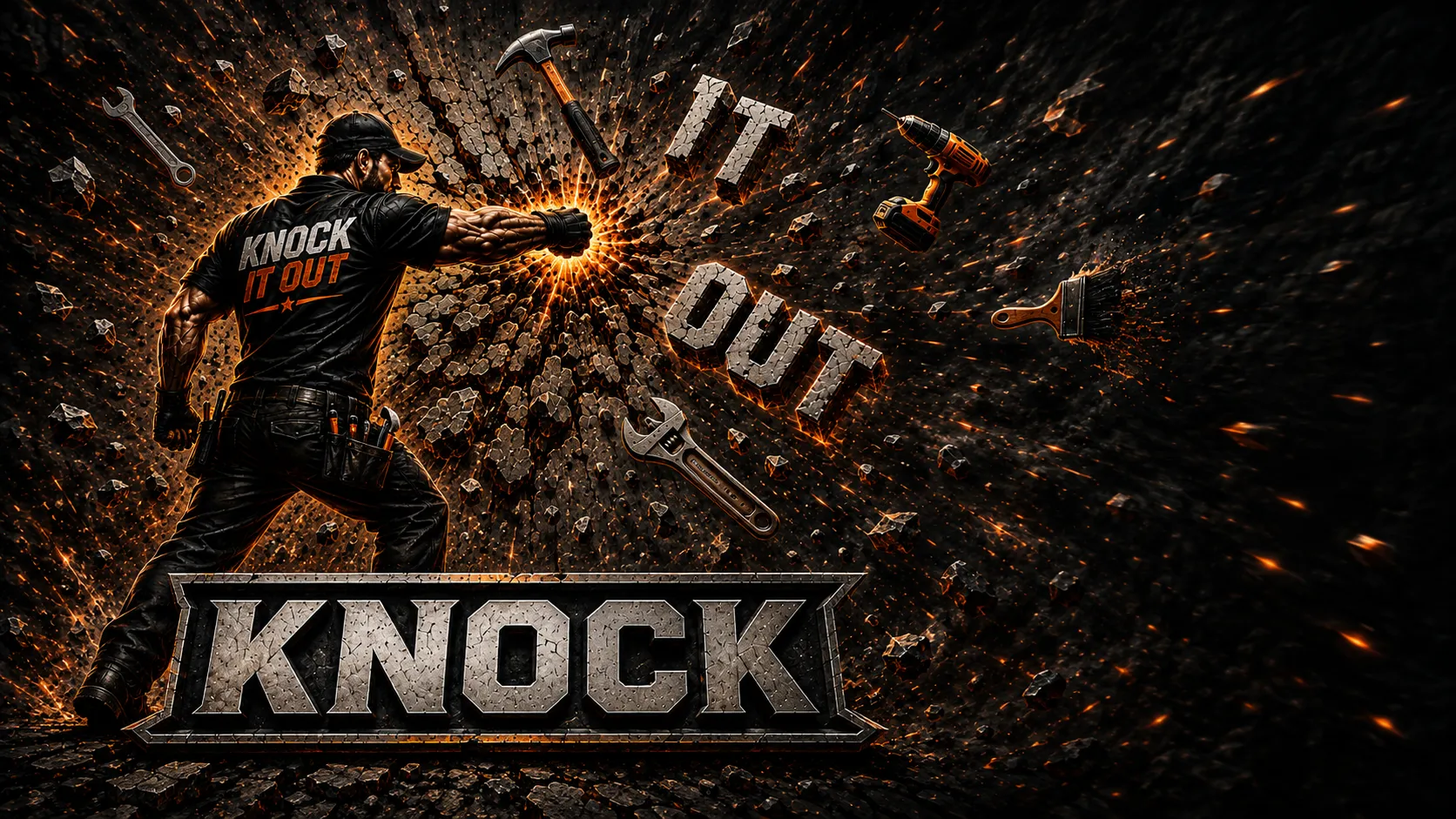 Knock It Out LLC — worker breaking through with a punch, tools and impact debris flying